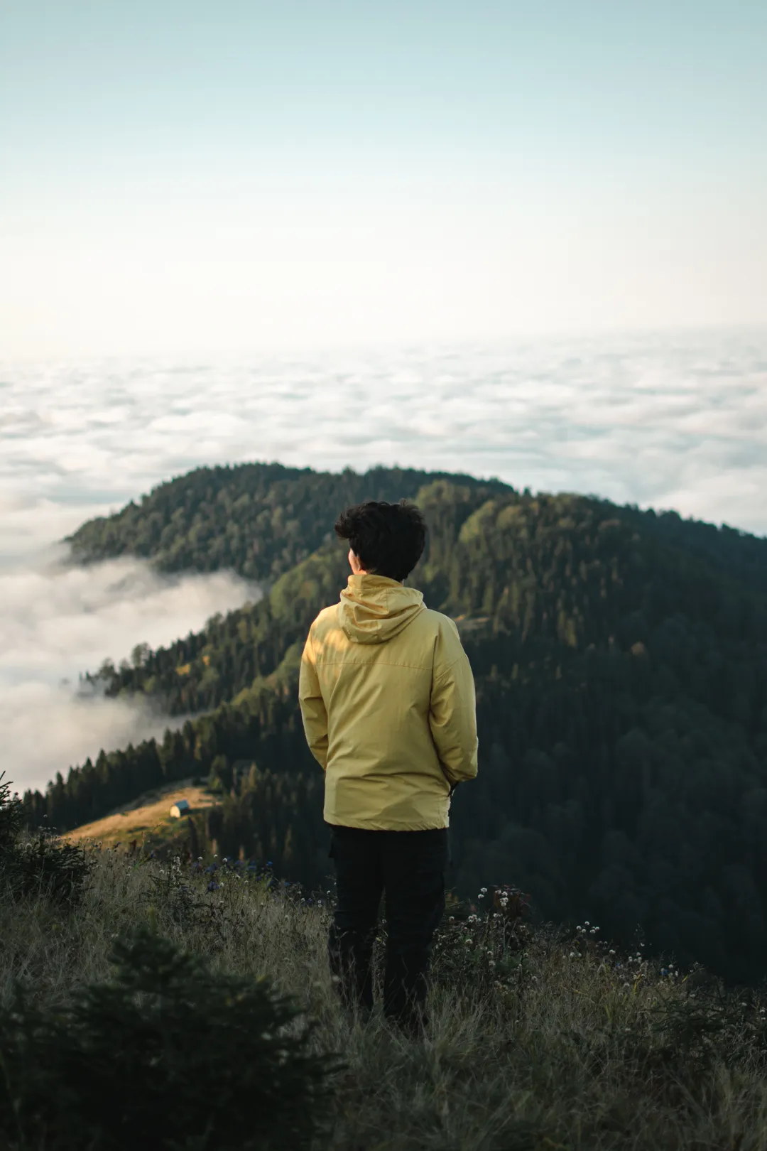 A hiker in a yellow jacket looking over a forested valley filled with clouds