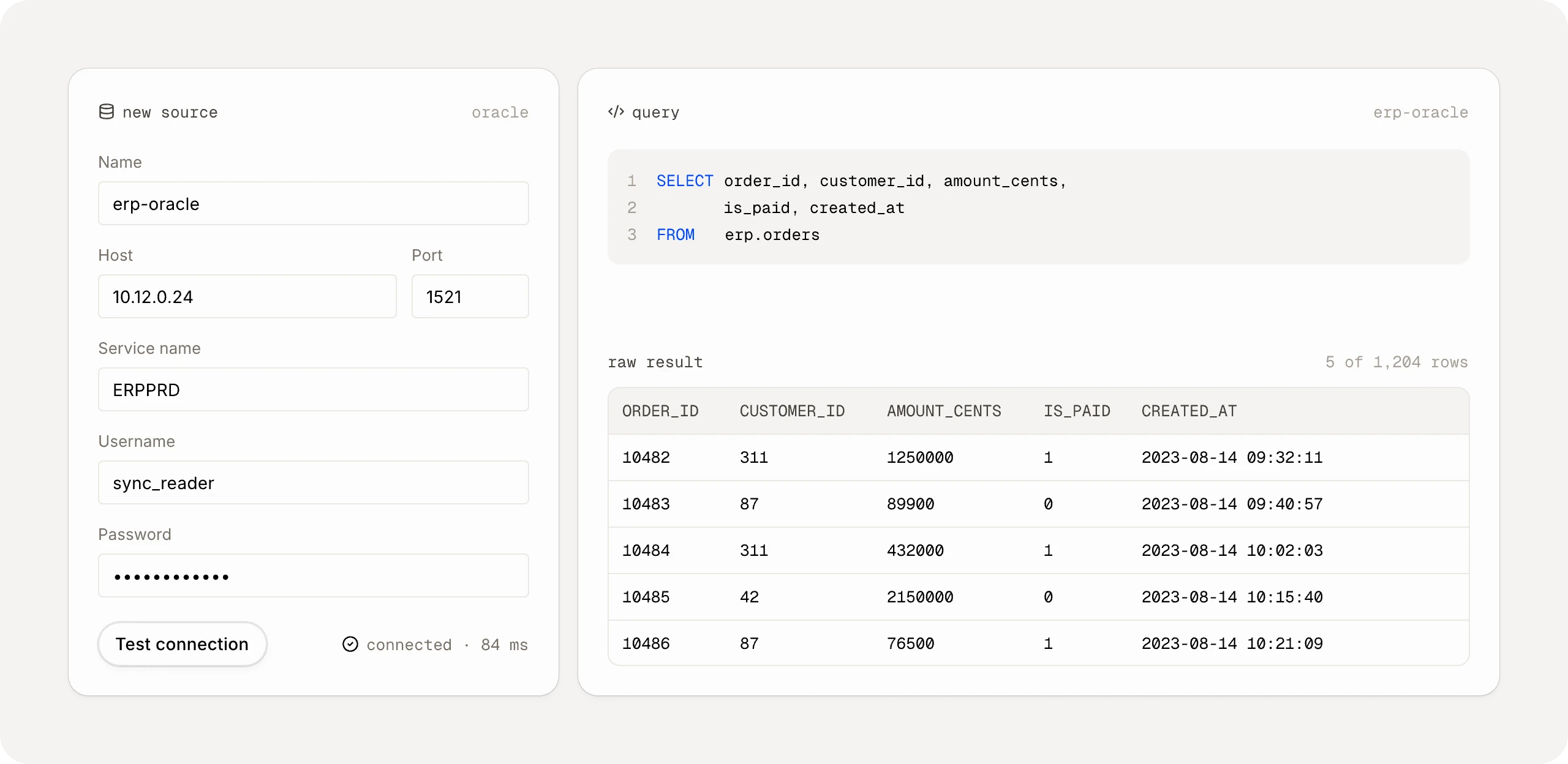 An Oracle source form with a passing connection test, next to an SQL query and the first five rows it returns